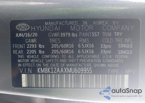 2021 Hyundai Kona Se z USA, uszkodzony, nr VIN KM8K12AAXMU609955